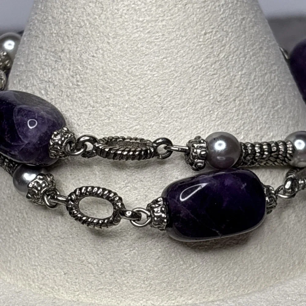 Amethyst Gemstone Double Strand Bracelet Silver Toned Toggle Clasp 7.25